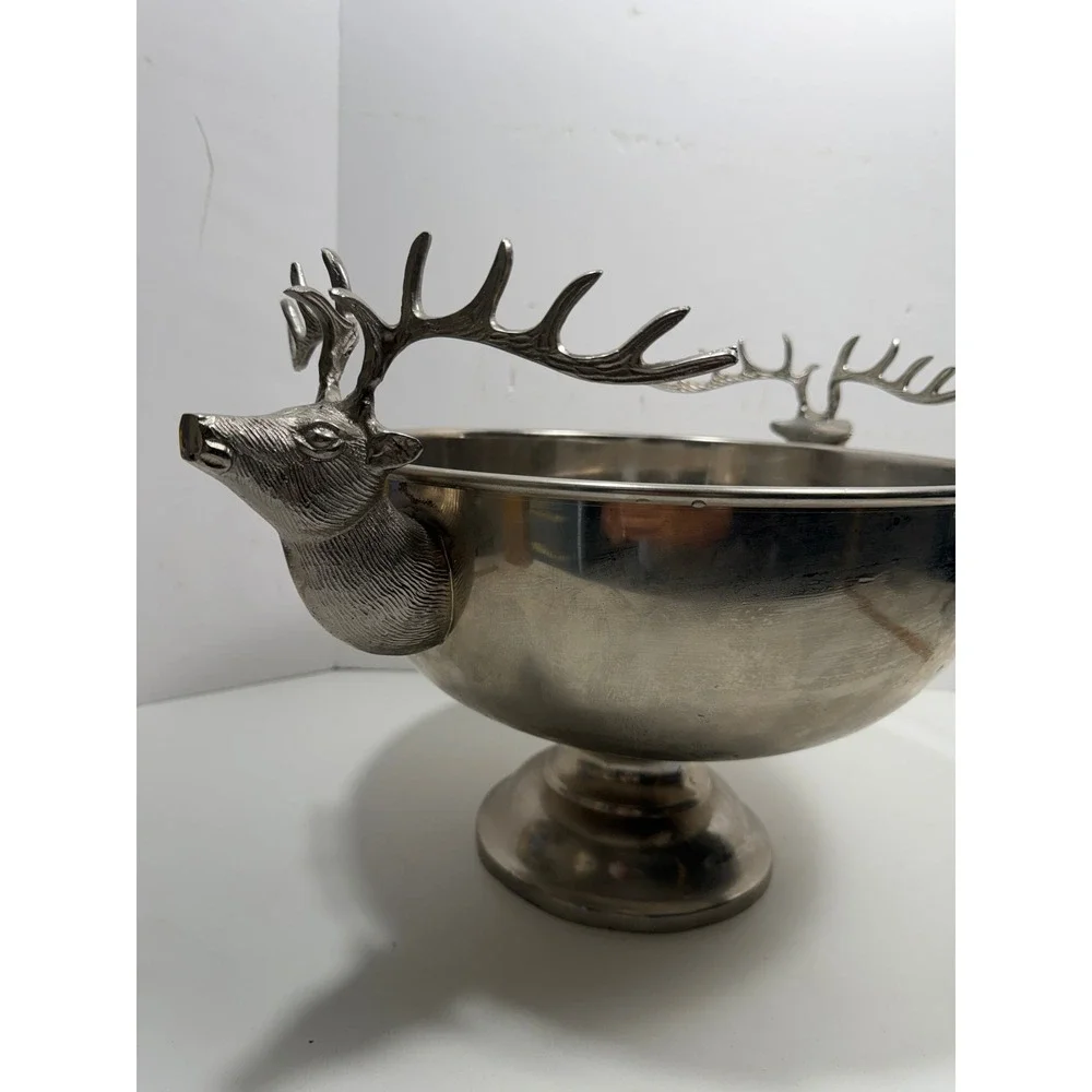 Silver Stag Head Punch Bowl Antler Handle Reindeer Ice Bucket Lodge Decor 10in‎